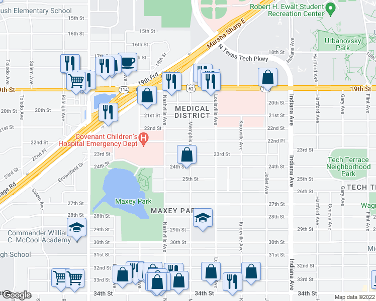 map of restaurants, bars, coffee shops, grocery stores, and more near 3802 23rd Street in Lubbock