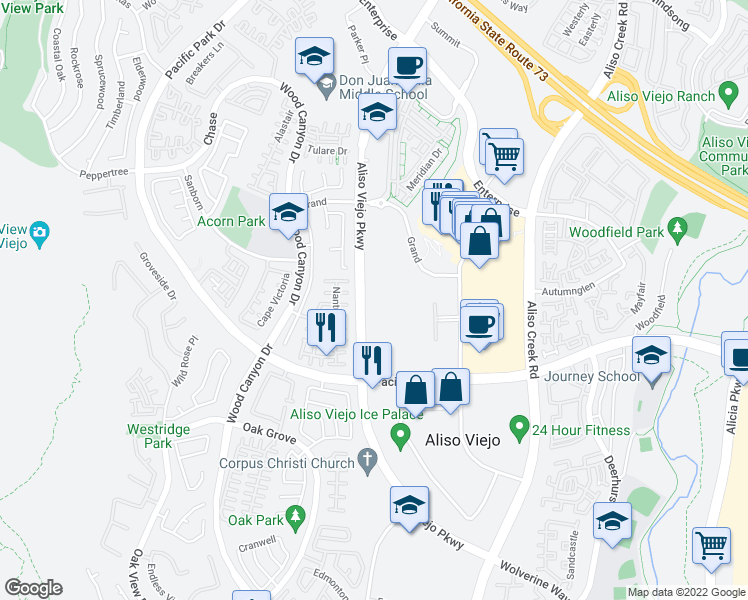 map of restaurants, bars, coffee shops, grocery stores, and more near 26800 Aliso Viejo Parkway in Aliso Viejo