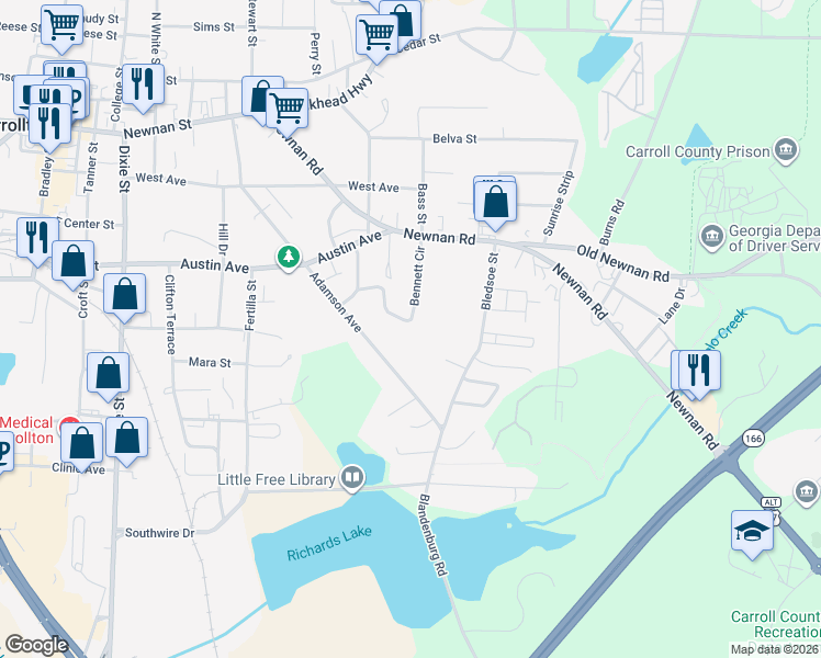 map of restaurants, bars, coffee shops, grocery stores, and more near 140 Bennett Circle in Carrollton
