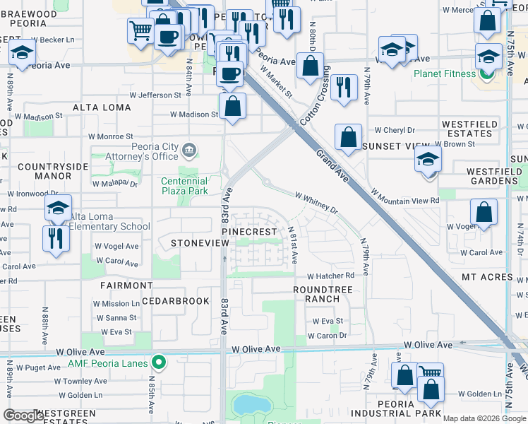 map of restaurants, bars, coffee shops, grocery stores, and more near 9686 North 82nd Lane in Peoria