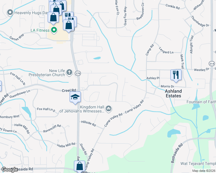 map of restaurants, bars, coffee shops, grocery stores, and more near 2308 Creel Road in College Park