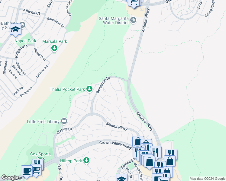 map of restaurants, bars, coffee shops, grocery stores, and more near Wyndham Street in Ladera Ranch