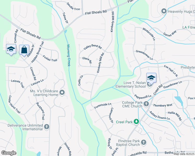 map of restaurants, bars, coffee shops, grocery stores, and more near 6680 Kimberly Mill Road in College Park