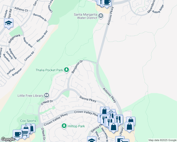 map of restaurants, bars, coffee shops, grocery stores, and more near Wyndham Street in Ladera Ranch