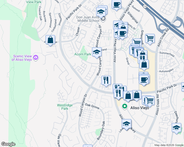map of restaurants, bars, coffee shops, grocery stores, and more near 1 Welbury in Aliso Viejo