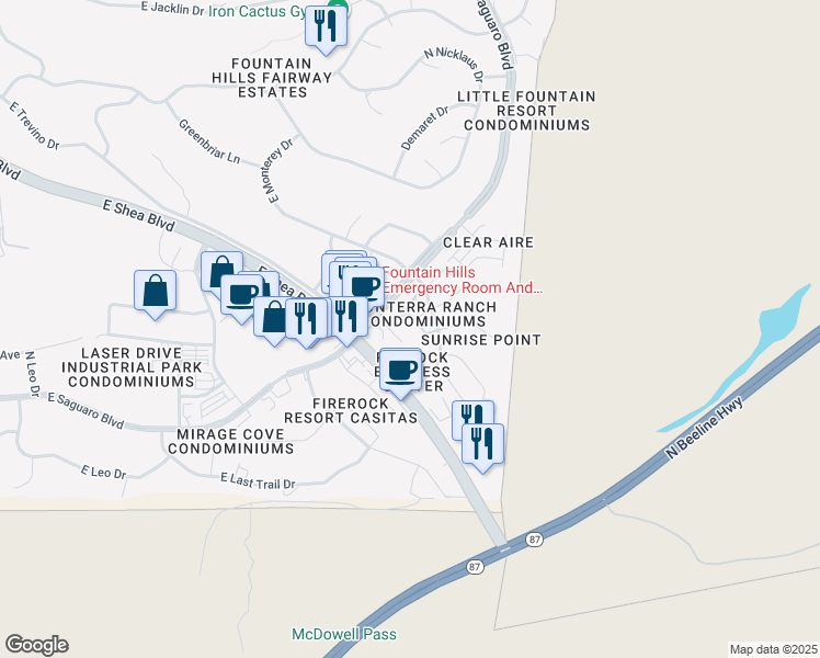 map of restaurants, bars, coffee shops, grocery stores, and more near 9750 North Monterey Drive in Fountain Hills