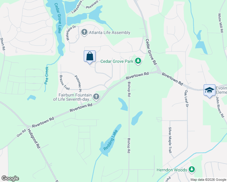 map of restaurants, bars, coffee shops, grocery stores, and more near 7496-7562 Rivertown Road in Fairburn