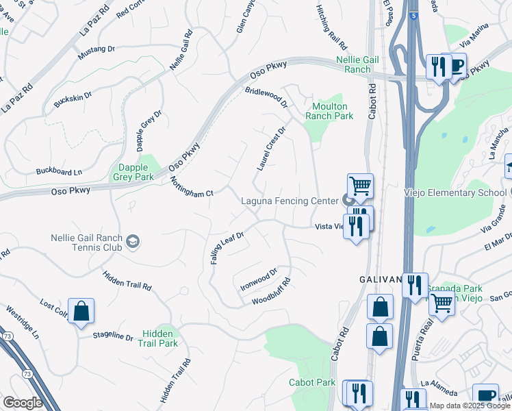 map of restaurants, bars, coffee shops, grocery stores, and more near 26821 Moore Oaks Road in Laguna Hills