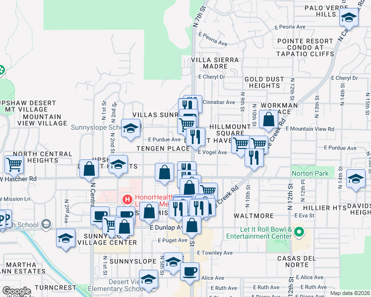 map of restaurants, bars, coffee shops, grocery stores, and more near 525 East Vogel Avenue in Phoenix