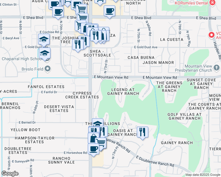 map of restaurants, bars, coffee shops, grocery stores, and more near 7375 East Gainey Ranch Road in Scottsdale