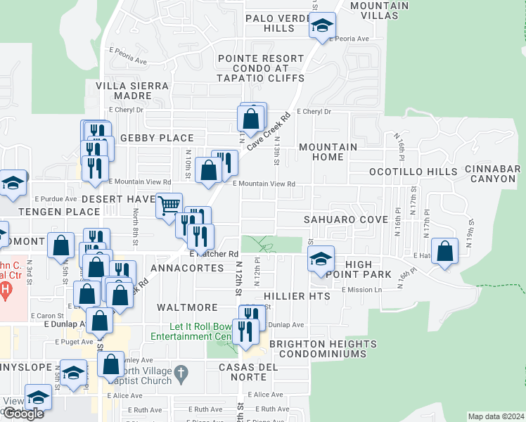 map of restaurants, bars, coffee shops, grocery stores, and more near 1215 East Vogel Avenue in Phoenix