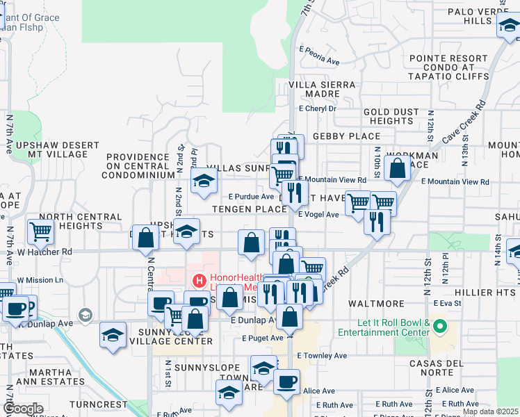 map of restaurants, bars, coffee shops, grocery stores, and more near 525 East Vogel Avenue in Phoenix