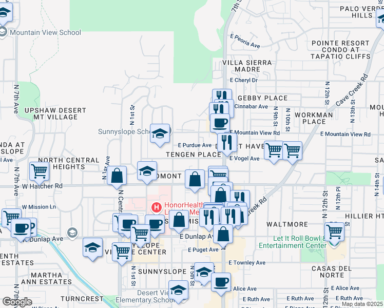 map of restaurants, bars, coffee shops, grocery stores, and more near 337 East Vogel Avenue in Phoenix