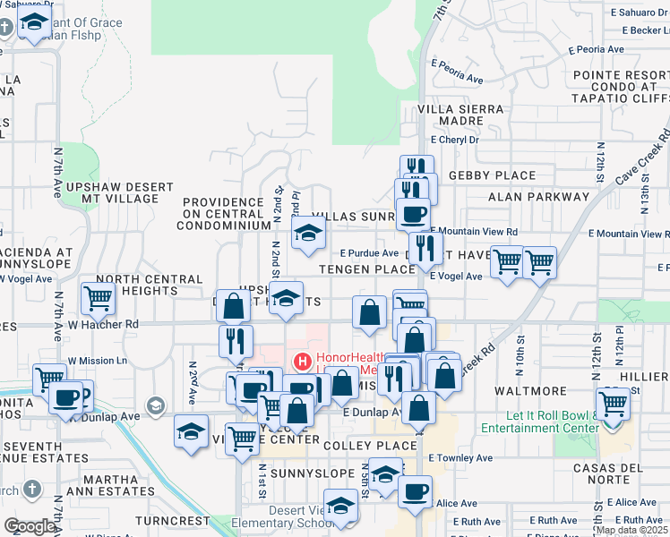 map of restaurants, bars, coffee shops, grocery stores, and more near 235 East Vogel Avenue in Phoenix