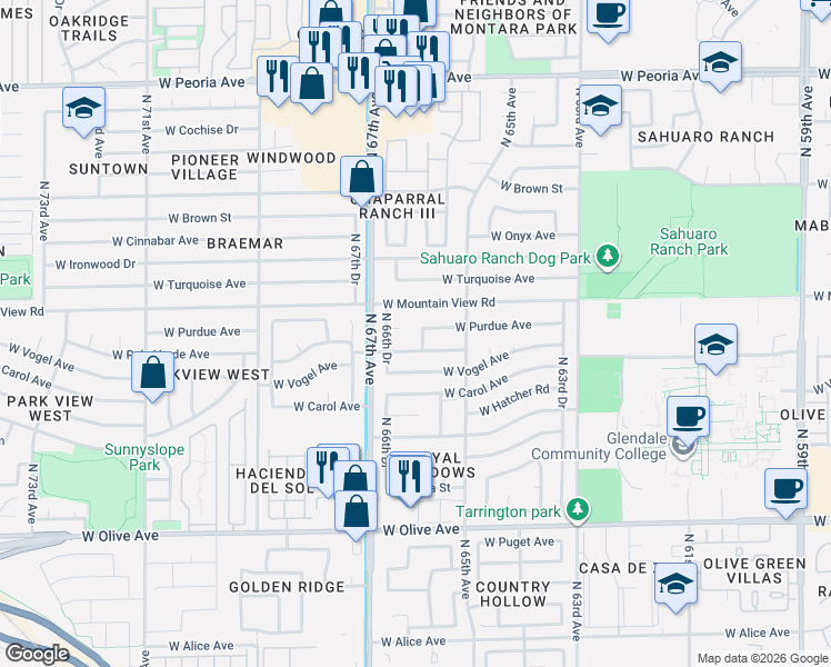 map of restaurants, bars, coffee shops, grocery stores, and more near 6602 West Palo Verde Avenue in Glendale