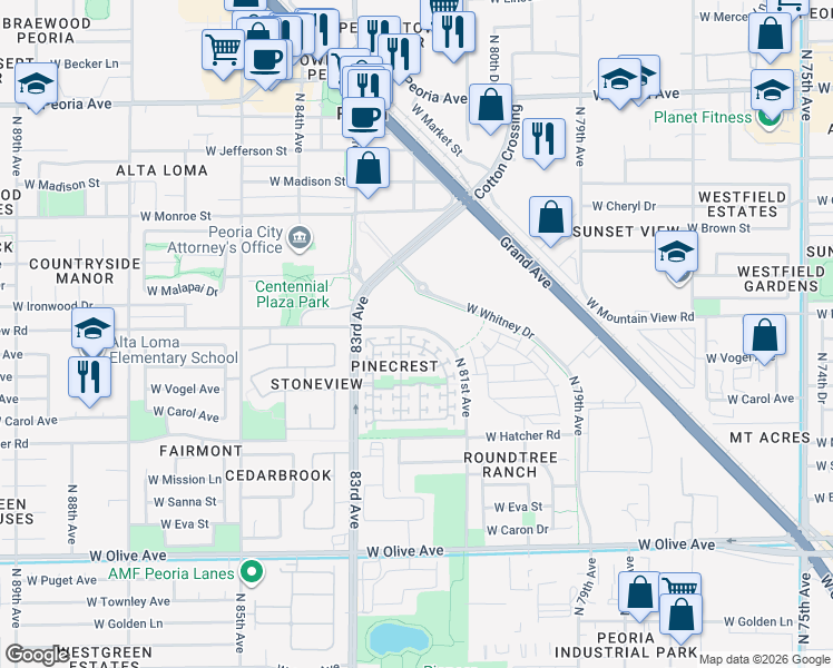 map of restaurants, bars, coffee shops, grocery stores, and more near 9686 North 82nd Lane in Peoria