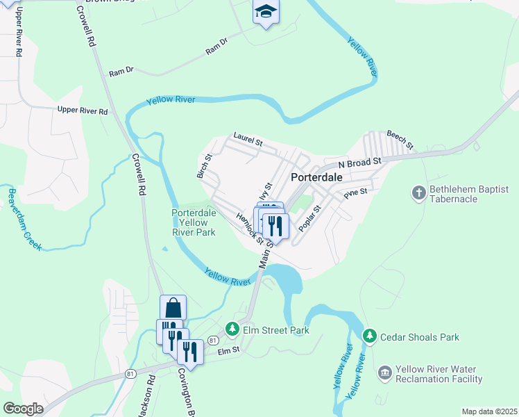 map of restaurants, bars, coffee shops, grocery stores, and more near 2 Hemlock Street in Porterdale