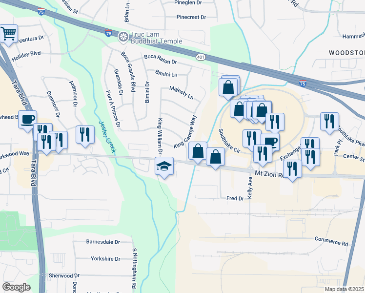 map of restaurants, bars, coffee shops, grocery stores, and more near 6616 King George Way in Morrow