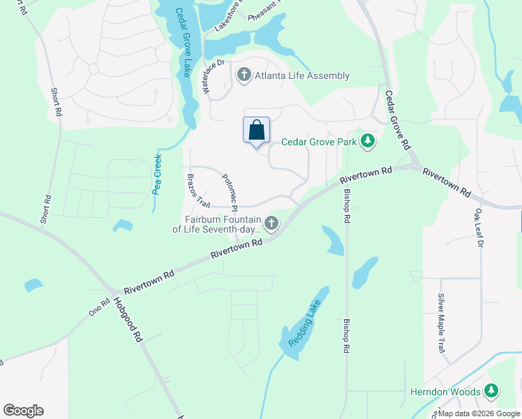 map of restaurants, bars, coffee shops, grocery stores, and more near 7594 Brazos Trail in Fairburn