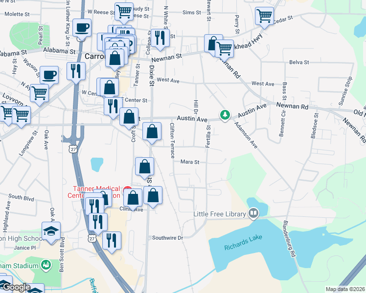 map of restaurants, bars, coffee shops, grocery stores, and more near 212 Harmon Avenue in Carrollton