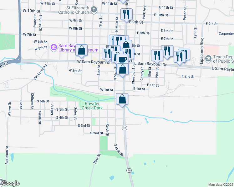 map of restaurants, bars, coffee shops, grocery stores, and more near 1 North Main Street in Bonham