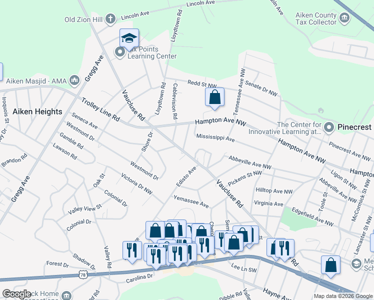 map of restaurants, bars, coffee shops, grocery stores, and more near 3321 Vaucluse Road in Aiken