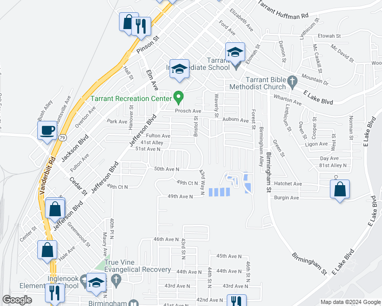 map of restaurants, bars, coffee shops, grocery stores, and more near 5029 43rd Place North in Birmingham