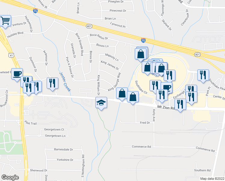 map of restaurants, bars, coffee shops, grocery stores, and more near 6616 King George Way in Morrow