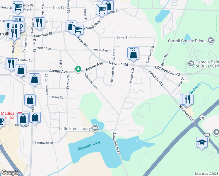 map of restaurants, bars, coffee shops, grocery stores, and more near 154 Bennett Circle in Carrollton
