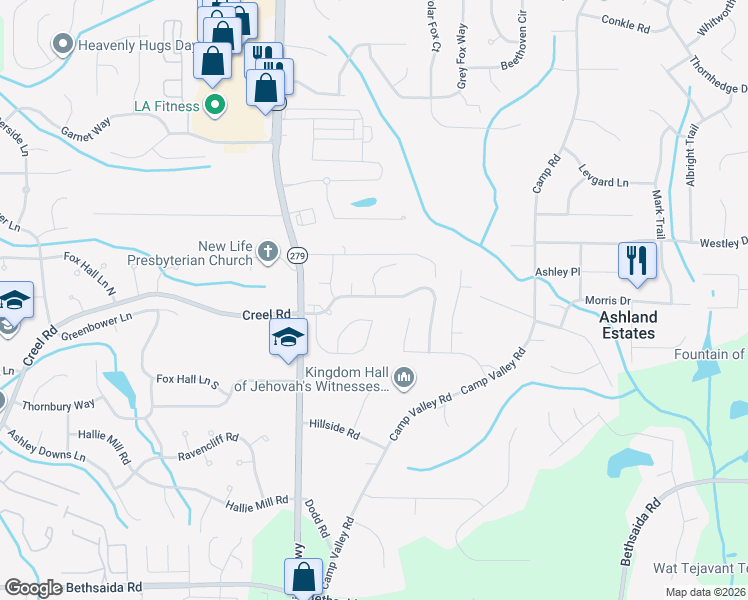 map of restaurants, bars, coffee shops, grocery stores, and more near 6767 Mancha Street in Atlanta