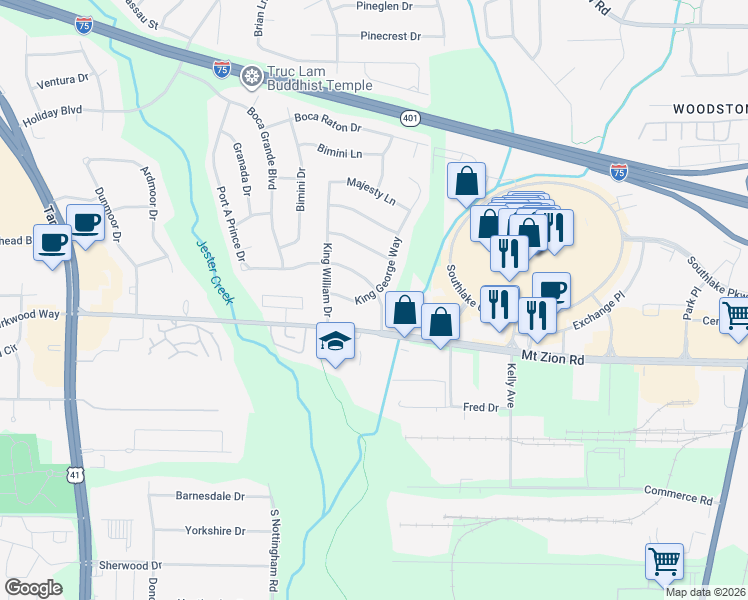 map of restaurants, bars, coffee shops, grocery stores, and more near 6616 King George Way in Morrow