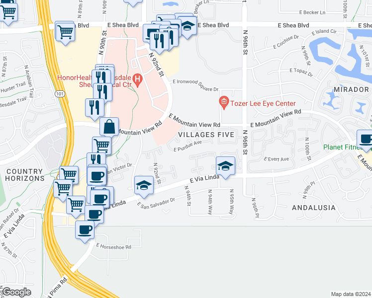 map of restaurants, bars, coffee shops, grocery stores, and more near 9359 East Purdue Avenue in Scottsdale