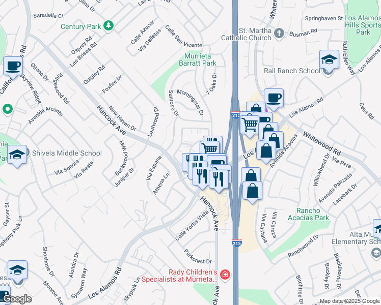 map of restaurants, bars, coffee shops, grocery stores, and more near 24850 Hancock Avenue in Murrieta