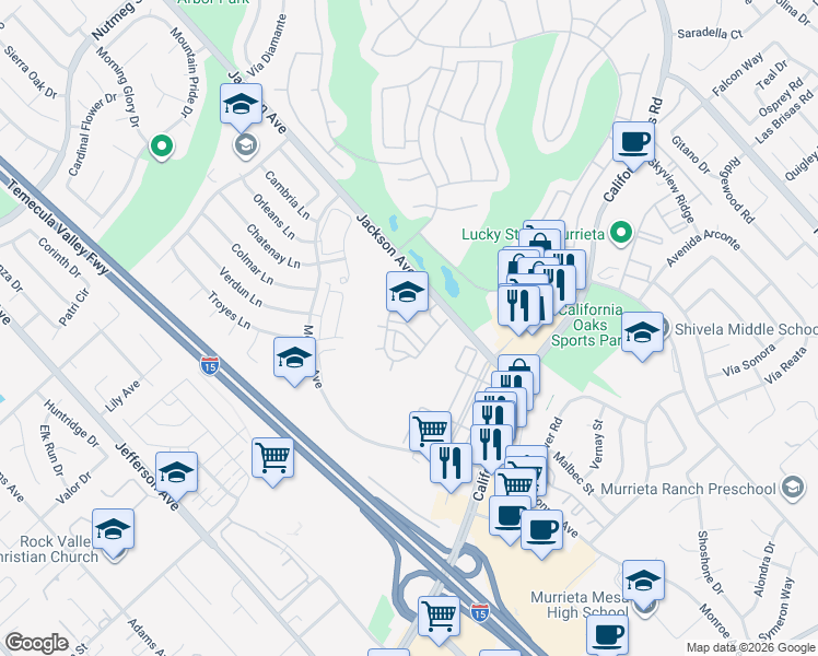 map of restaurants, bars, coffee shops, grocery stores, and more near 24323 Jackson Avenue in Murrieta
