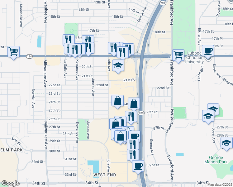 map of restaurants, bars, coffee shops, grocery stores, and more near 6040 24th Street in Lubbock