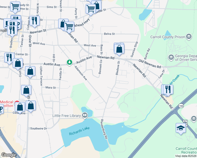 map of restaurants, bars, coffee shops, grocery stores, and more near 140 Bennett Circle in Carrollton