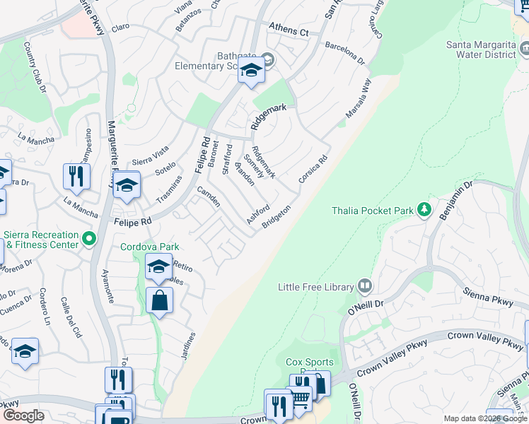 map of restaurants, bars, coffee shops, grocery stores, and more near 26776 Ashford in Mission Viejo