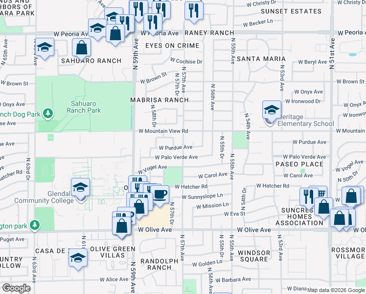 map of restaurants, bars, coffee shops, grocery stores, and more near 9698 North 57th Avenue in Glendale