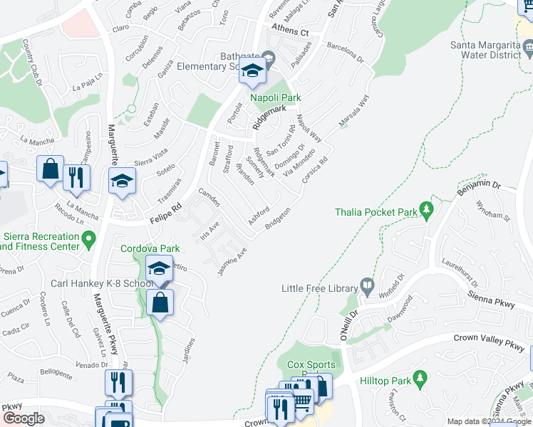 map of restaurants, bars, coffee shops, grocery stores, and more near 26776 Ashford in Mission Viejo