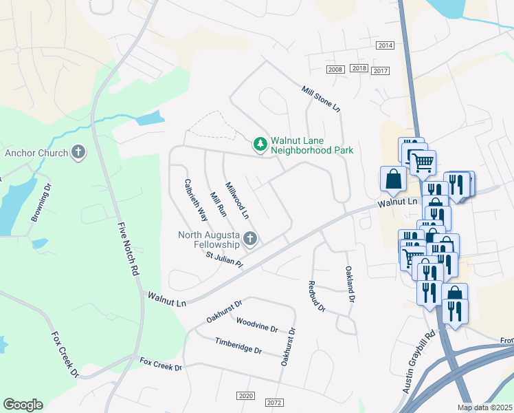 map of restaurants, bars, coffee shops, grocery stores, and more near 153 Cottonwood Court in North Augusta