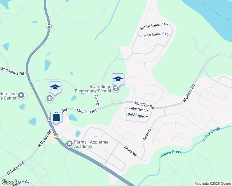 map of restaurants, bars, coffee shops, grocery stores, and more near 4109 Mullikin Road in Evans