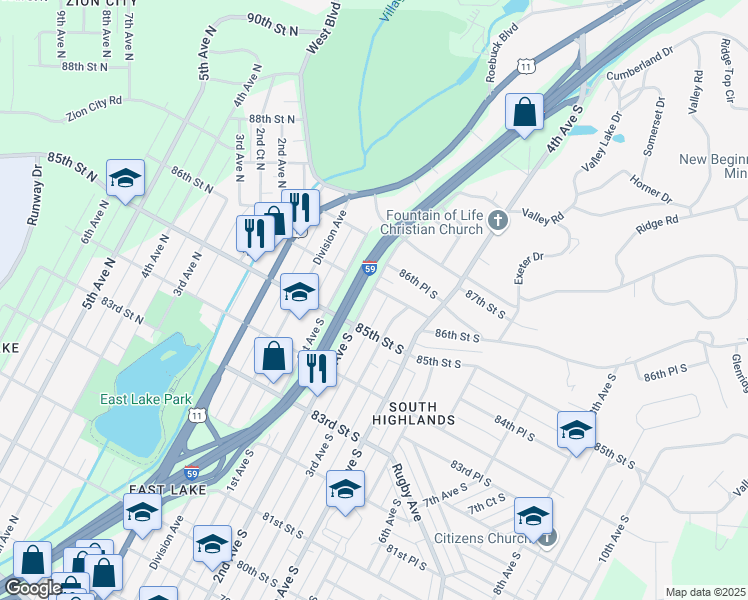 map of restaurants, bars, coffee shops, grocery stores, and more near 8511 2nd Avenue South in Birmingham