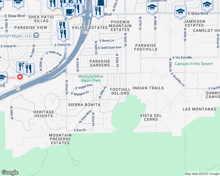 map of restaurants, bars, coffee shops, grocery stores, and more near 9434 North 35th Street in Phoenix