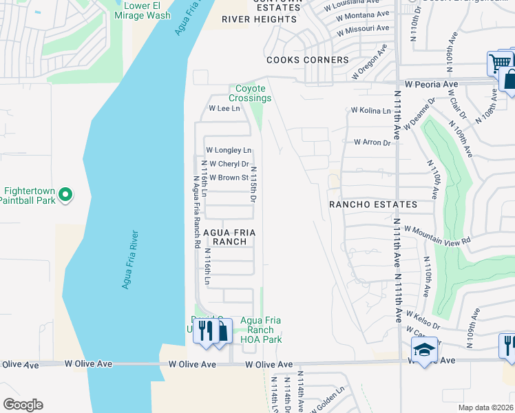 map of restaurants, bars, coffee shops, grocery stores, and more near 11548 West Purdue Avenue in Youngtown