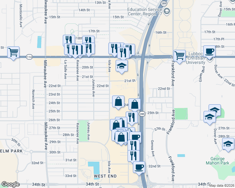 map of restaurants, bars, coffee shops, grocery stores, and more near 6040 24th Street in Lubbock