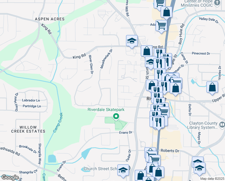 map of restaurants, bars, coffee shops, grocery stores, and more near 903 River Glen Place in Riverdale