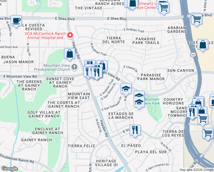 map of restaurants, bars, coffee shops, grocery stores, and more near 8328 East San Simon Drive in Scottsdale