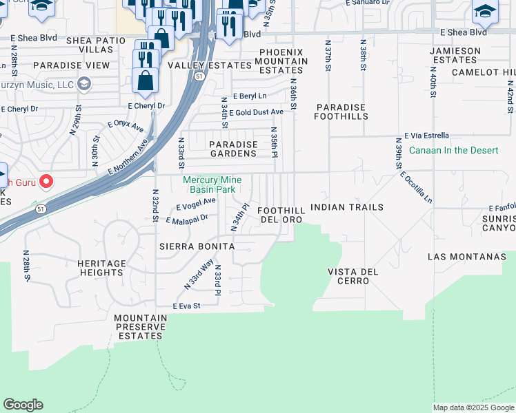 map of restaurants, bars, coffee shops, grocery stores, and more near 9434 North 35th Street in Phoenix