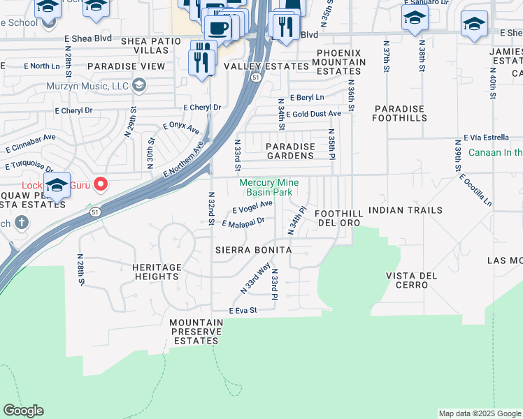 map of restaurants, bars, coffee shops, grocery stores, and more near 3315 East Malapai Drive in Phoenix