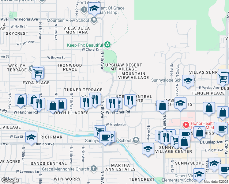 map of restaurants, bars, coffee shops, grocery stores, and more near 9447 North 6th Avenue in Phoenix